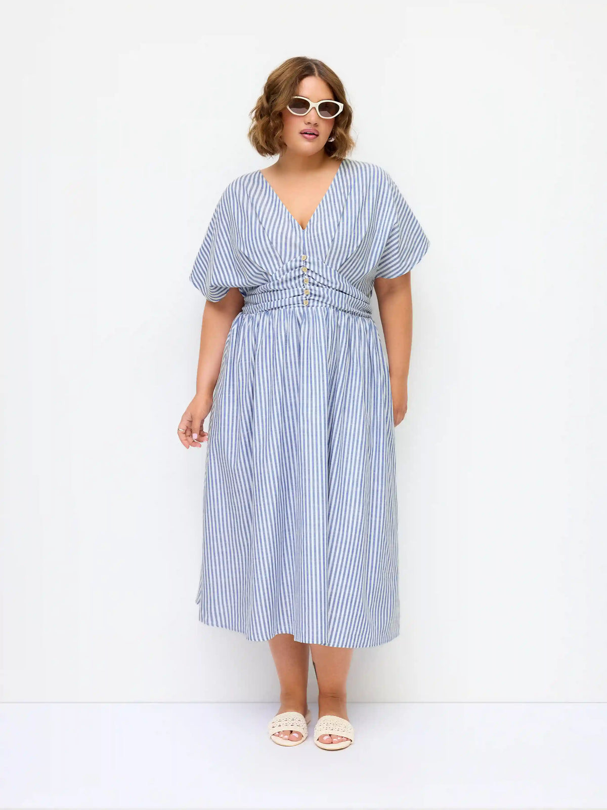 Cotton-blend V-neck Striped Ruched Button Maxi Dress Curve & Plus
