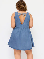 Denim V-neck Tie Back A-line Mini Dress Curve & Plus