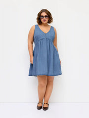 Denim V-neck Tie Back A-line Mini Dress Curve & Plus