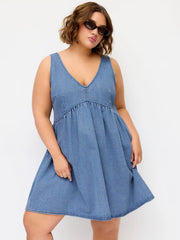 Denim V-neck Tie Back A-line Mini Dress Curve & Plus