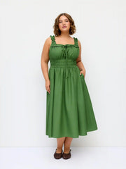 Linen-blend Lettuce Trim Knotted Shirred Cami Midi Dress Curve & Plus