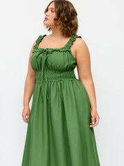 Linen-blend Lettuce Trim Knotted Shirred Cami Midi Dress Curve & Plus