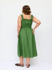 Linen-blend Lettuce Trim Knotted Shirred Cami Midi Dress Curve & Plus