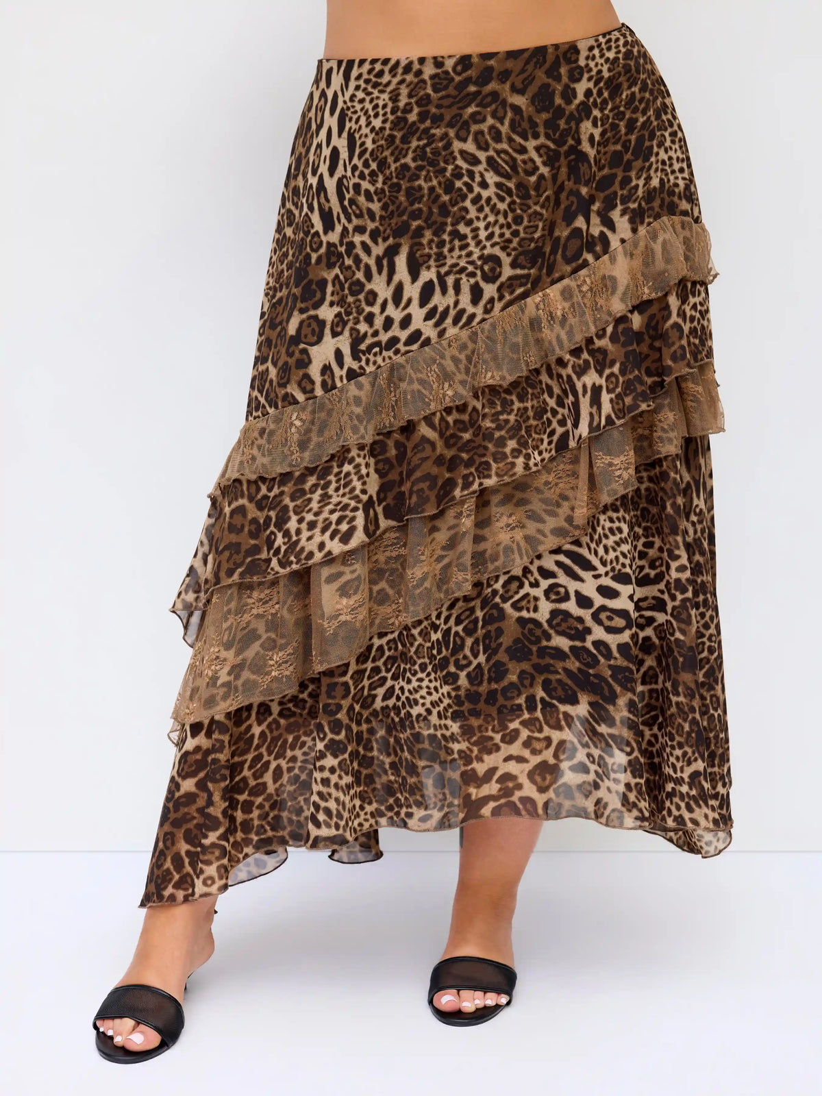 Chiffon Mid Rise Leopard Print Layered Maxi Skirt Curve & Plus