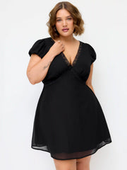 V-neck Ruffle sleeve Lace Panel A-line Mini Dress Curve & Plus