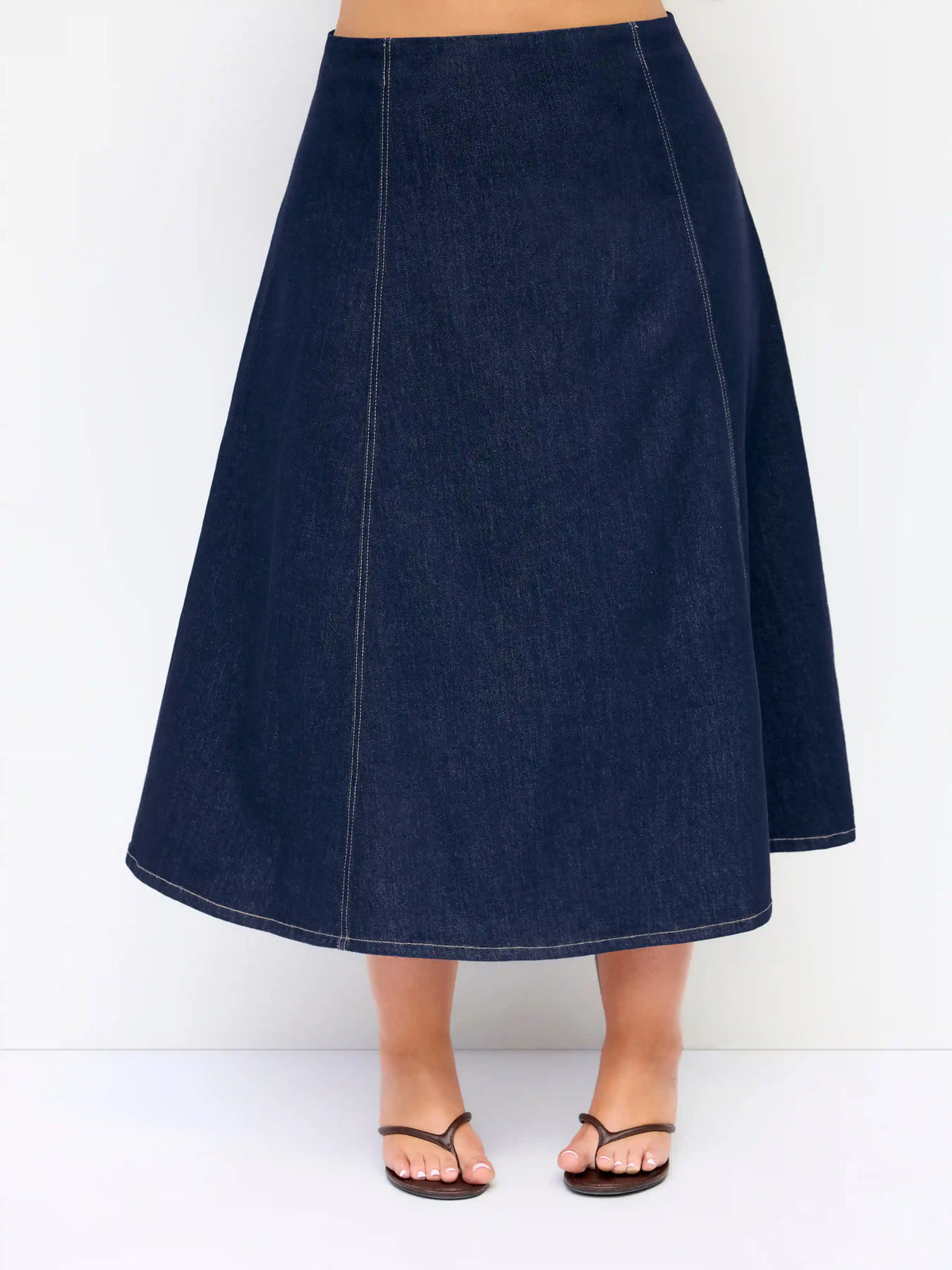 Stretch Denim Washed Mid Rise Oversized Midi A-Line Skirt