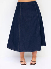 Stretch Denim Washed Mid Rise Oversized Midi A-Line Skirt