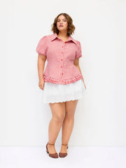Cotton-blend Textured Mid Rise Broderie Anglaise Bubble Hem Micro Skort Curve & Plus
