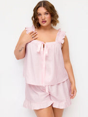Textured Ruffled Stripe Bowknot Top & Mid Rise Micro Shorts Set Curve & Plus