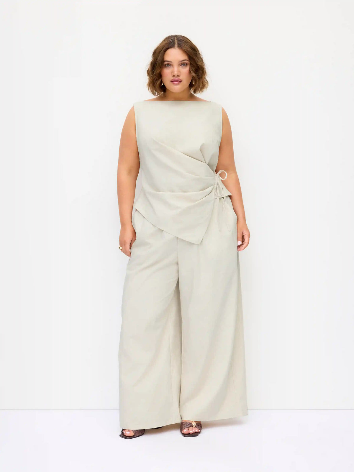 Linen-blend Boat Neck Wrap Tie Top & Mid Rise Wide Leg Trousers Set Curve & Plus