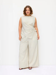 Linen-blend Boat Neck Wrap Tie Top & Mid Rise Wide Leg Trousers Set Curve & Plus