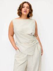 Linen-blend Boat Neck Wrap Tie Top & Mid Rise Wide Leg Trousers Set Curve & Plus