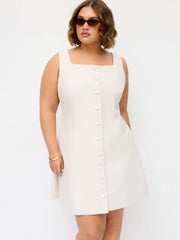 Linen-blend Braided Button Back Belt Square Neck Mini Dress Curve & Plus