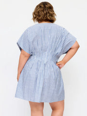 Cotton-blend V-neck Stripe Pleated Cinched Waist Mini Dress Curve & Plus