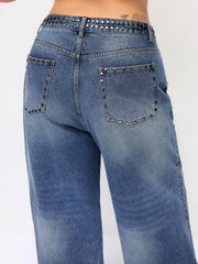 Denim Low Rise Studded Wide Leg Jeans
