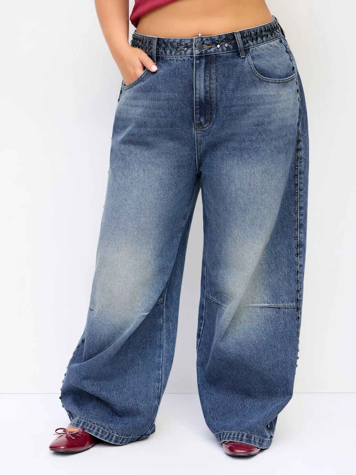 Denim Low Rise Studded Wide Leg Jeans