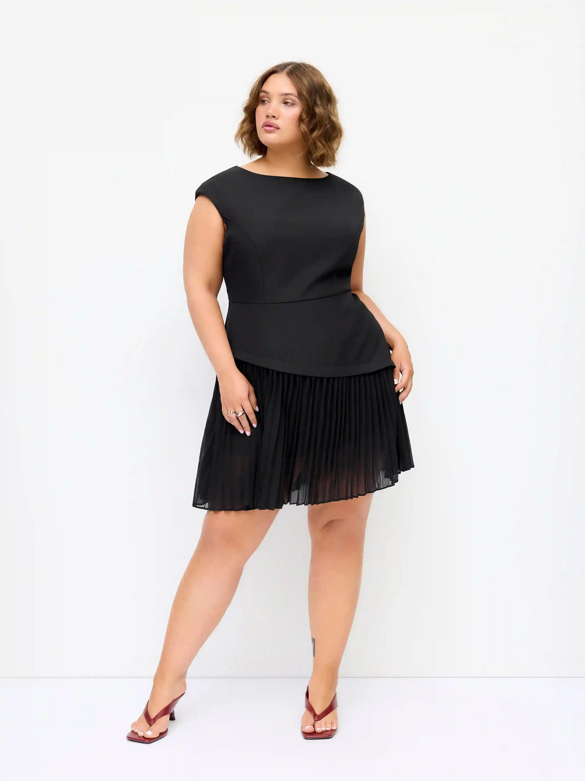 Boat Neck Pleated A-line Mini Dress Curve & Plus