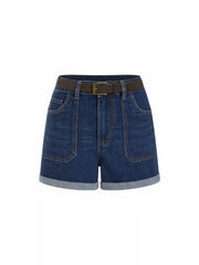 Stretch Denim Mid Rise Washed Roll Hem Shorts With Belt