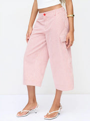 Cotton-blend Mid Rise Striped Cargo Barrel-leg Capri Trousers