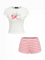 Strawberry Graphic Round Neck Tee and Striped Shorts Set