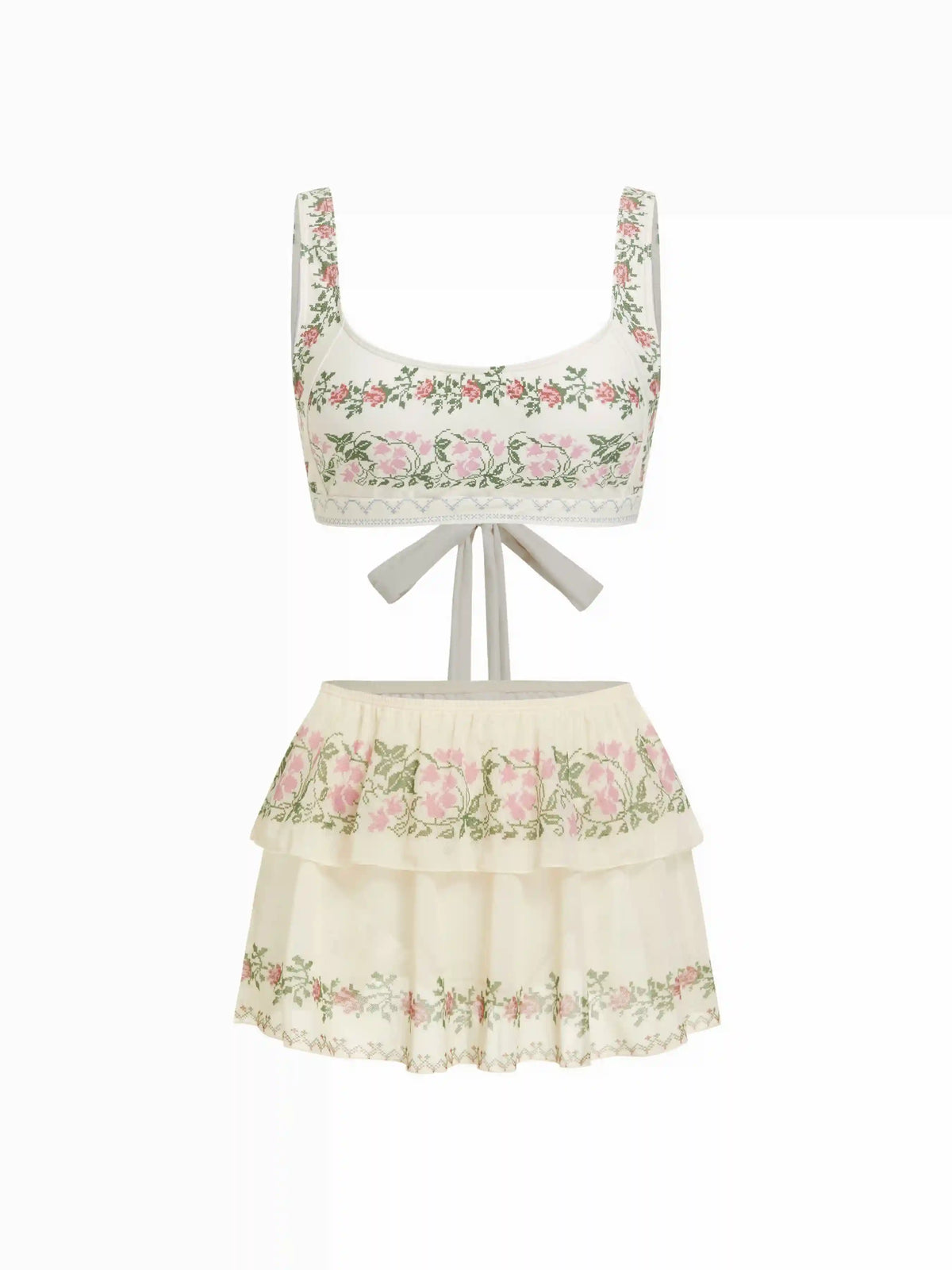 Scoop Neckline Floral Bracelet Cheeky Bikini Set With Ruffle Beach Skirt