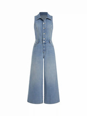 Denim High Rise Washed Metal Detail Wide Leg Jumpsuit