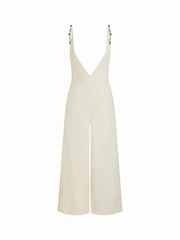 Denim Mid Rise V-neck Backless Pearl Detail Wide Leg Oversized Jumpsuit