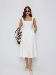 Cotton Square Neck Shirred Pocket A-line Midi Dress