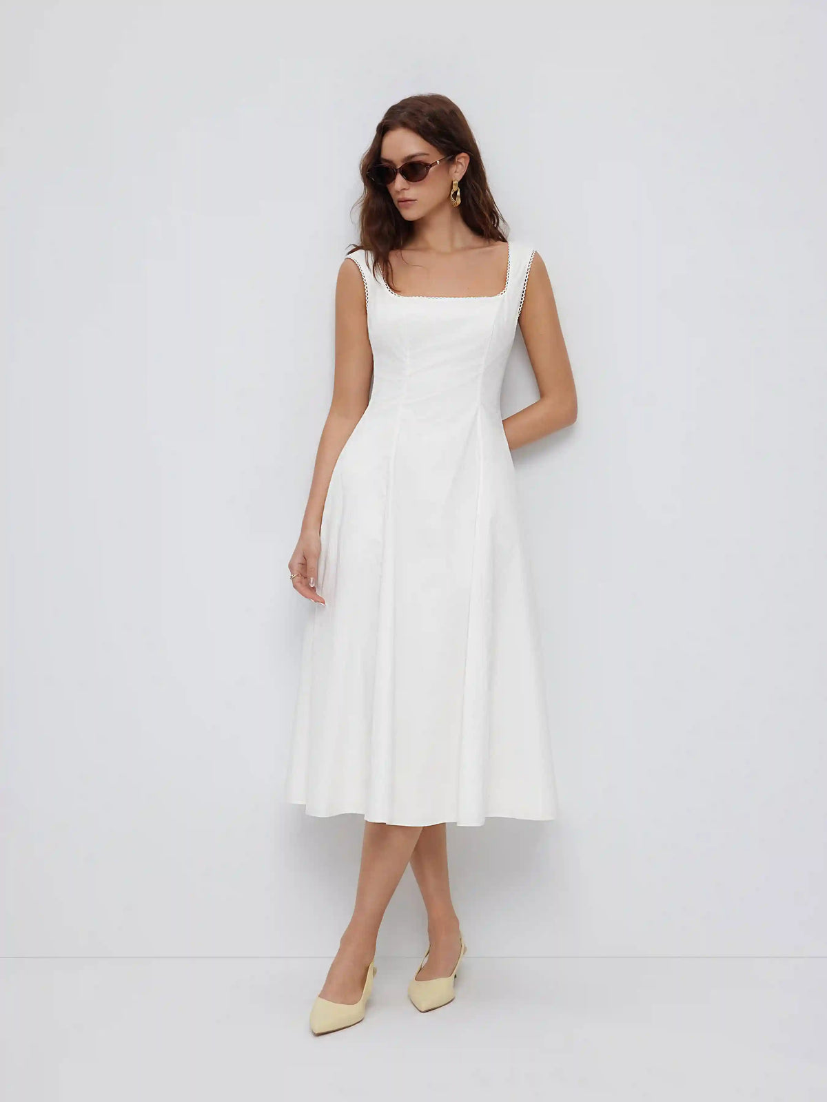 Cotton Square Neck Shirred Pocket A-line Midi Dress