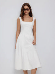 Cotton Square Neck Shirred Pocket A-line Midi Dress
