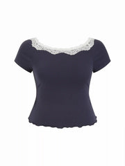 Cotton-blend Round Neck Lace Lettuce Trim Short Sleeve Top Curve & Plus