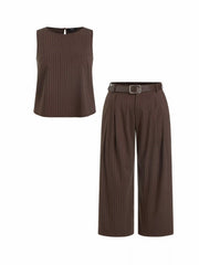 Striped Sleeveless Top & Mid Rise Wide Leg Belted Trousers Set Curve & Plus