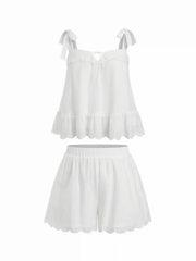Cotton Broderie Anglaise Lace Trim Bowknot Top & Mid Rise Elastic Waist Shorts Set Curve & Plus