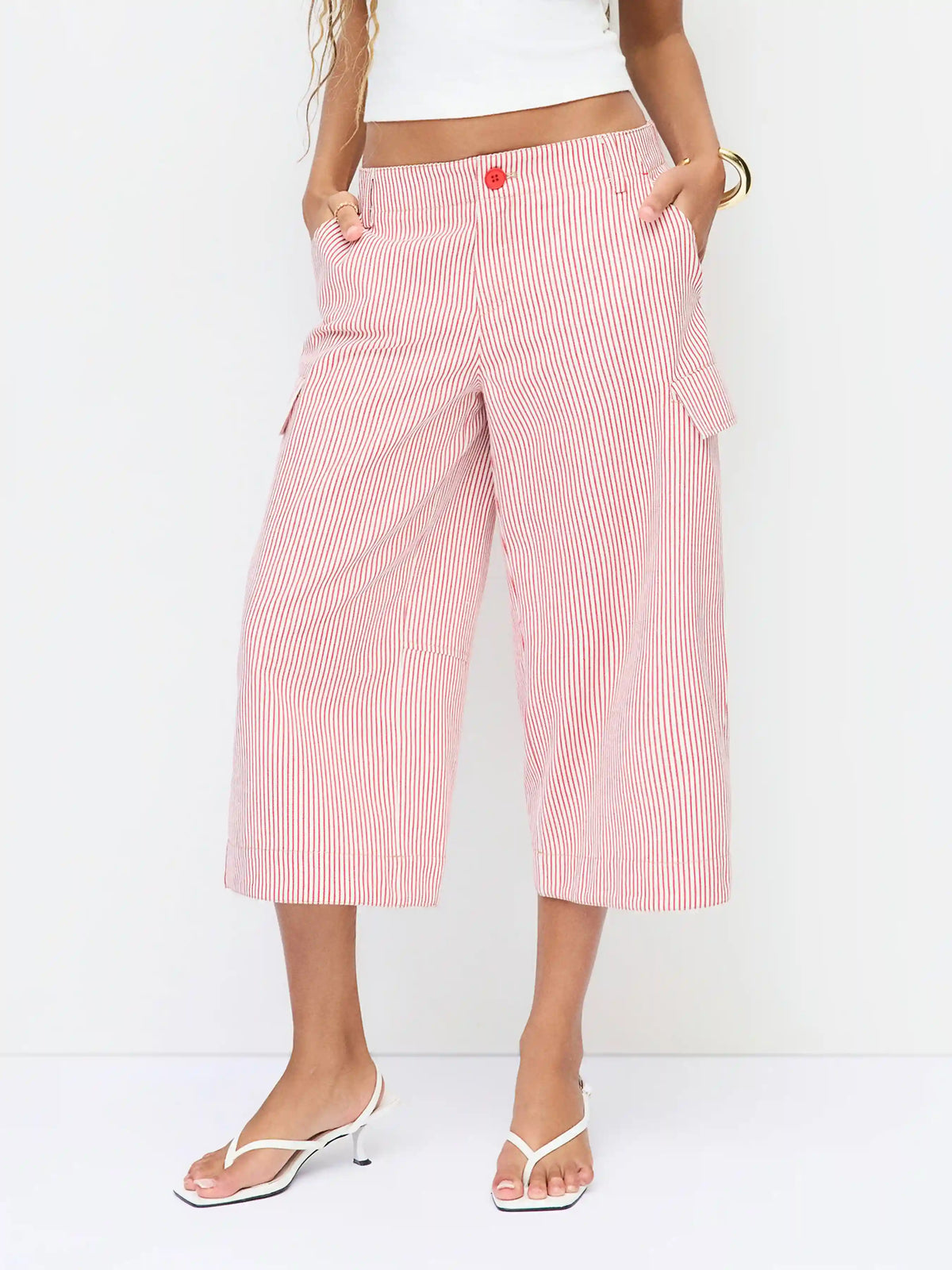 Cotton-blend Mid Rise Striped Cargo Barrel-leg Capri Trousers
