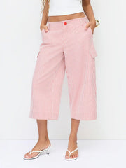 Cotton-blend Mid Rise Striped Cargo Barrel-leg Capri Trousers