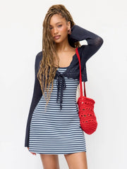 Knit Crochet Hollow Out Bell Sleeve Knotted Oversized Cardigan