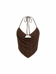 Metallic Textured Sweetheart Halter Neck Cowl Metal Detail Crop Cami Top