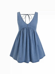 Denim V-neck Tie Back A-line Mini Dress Curve & Plus