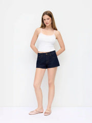 Denim Mid Rise Washed Metal Detail Riding Shorts