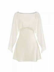 Sheer Boat Neck Cape Top & Satin High Rise Mini Dress Set