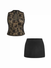 Lace Cut Out Halter Neck Top & Mid Rise A-line Mini Skirt Set Curve & Plus