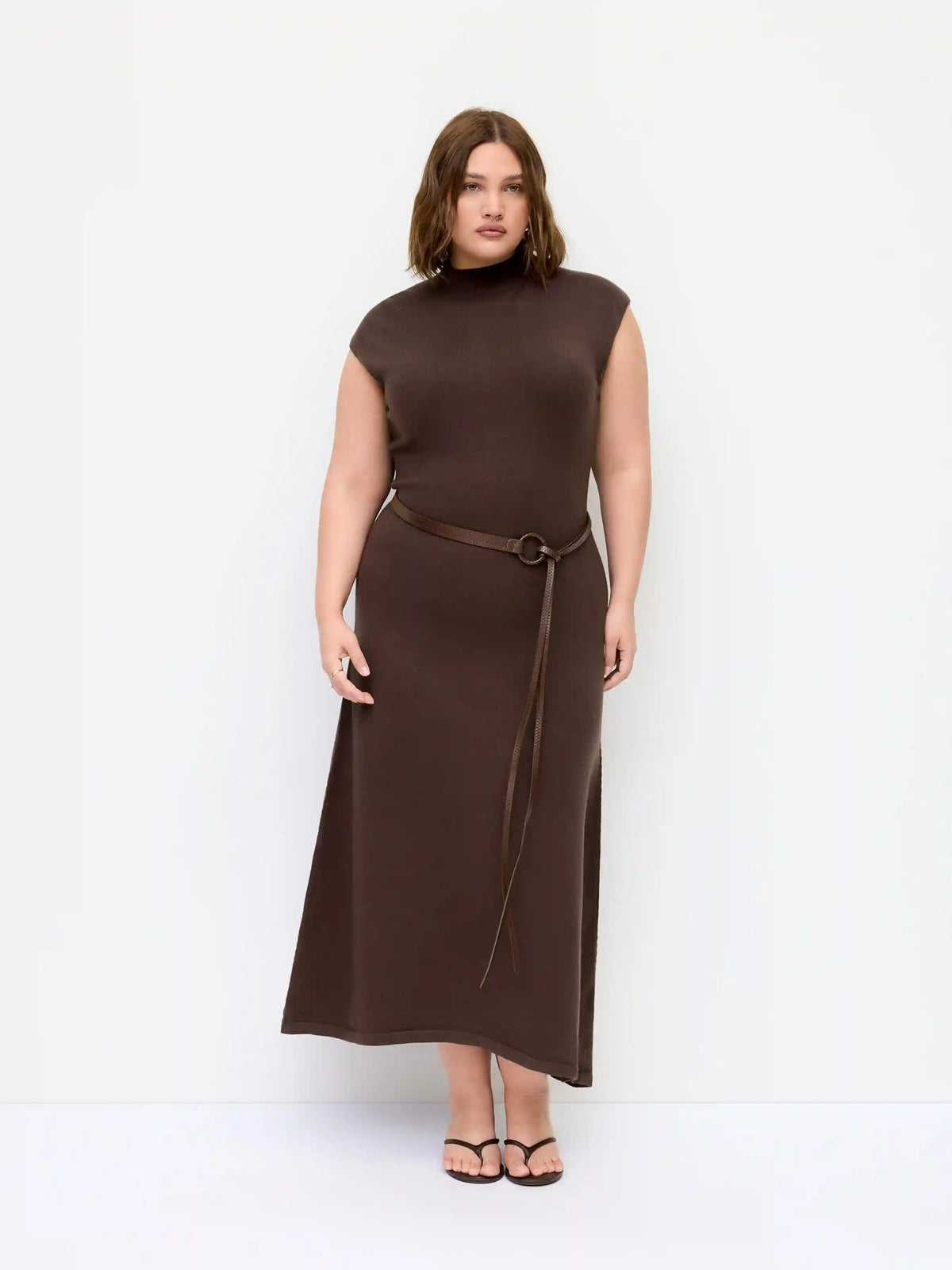 Knit High Neck A-line Maxi Dress With Belt Curve & Plus