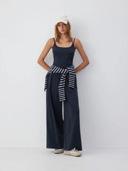 Cotton-blend Mid Rise Scoop Neck Twist Knotted Ruched Wide Leg Jumpsuit