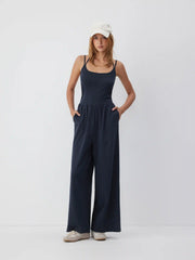 Cotton-blend Mid Rise Scoop Neck Twist Knotted Ruched Wide Leg Jumpsuit