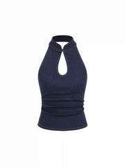 Stretch Denim Stand Collar Cut Out Ruched Halter Tank Top