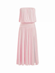 Draped Strapless Ruched Side Slit Flared Maxi Dress