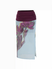 Mesh V-neck Tank Top & Mid Rise Floral Ruched Split Pencil Maxi Skirt Set Curve & Plus