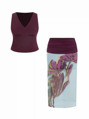 Mesh V-neck Tank Top & Mid Rise Floral Ruched Split Pencil Maxi Skirt Set Curve & Plus