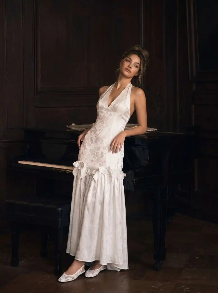 Jacquard Satin Halter Neckline Bowknot Mermaid Maxi Dress