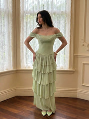Chiffon Square Neck Draped Tiered Maxi Dress